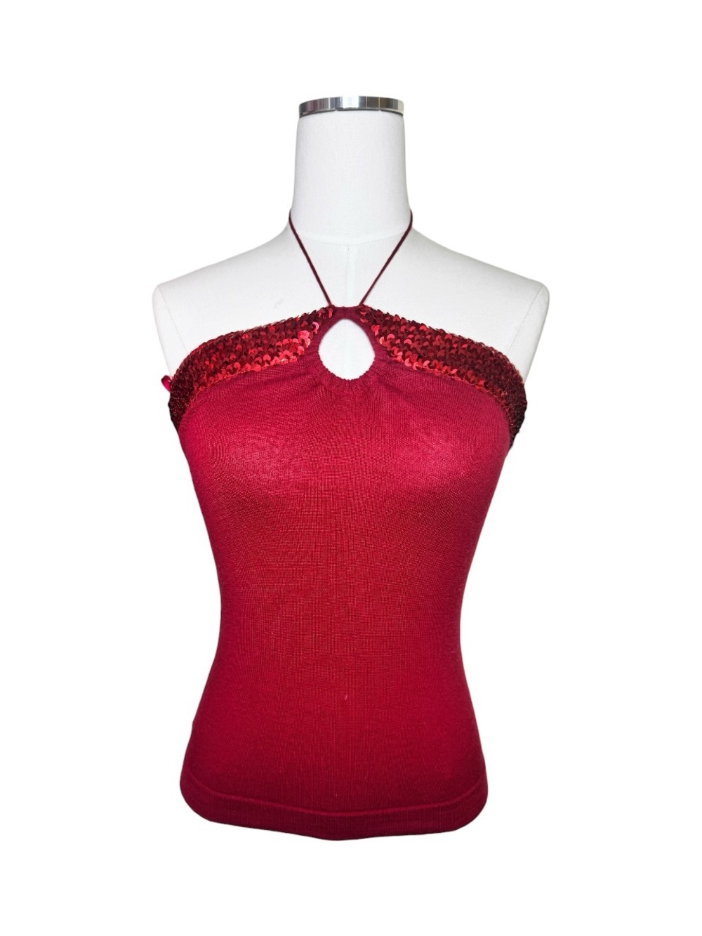 Y2K Express Red Sequin Knit Wool + Silk Halter Top Size Small